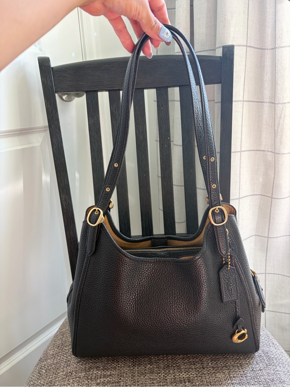 Black Pebbled Leather Shoulder Bag with Gold Hardware - Coach Lori